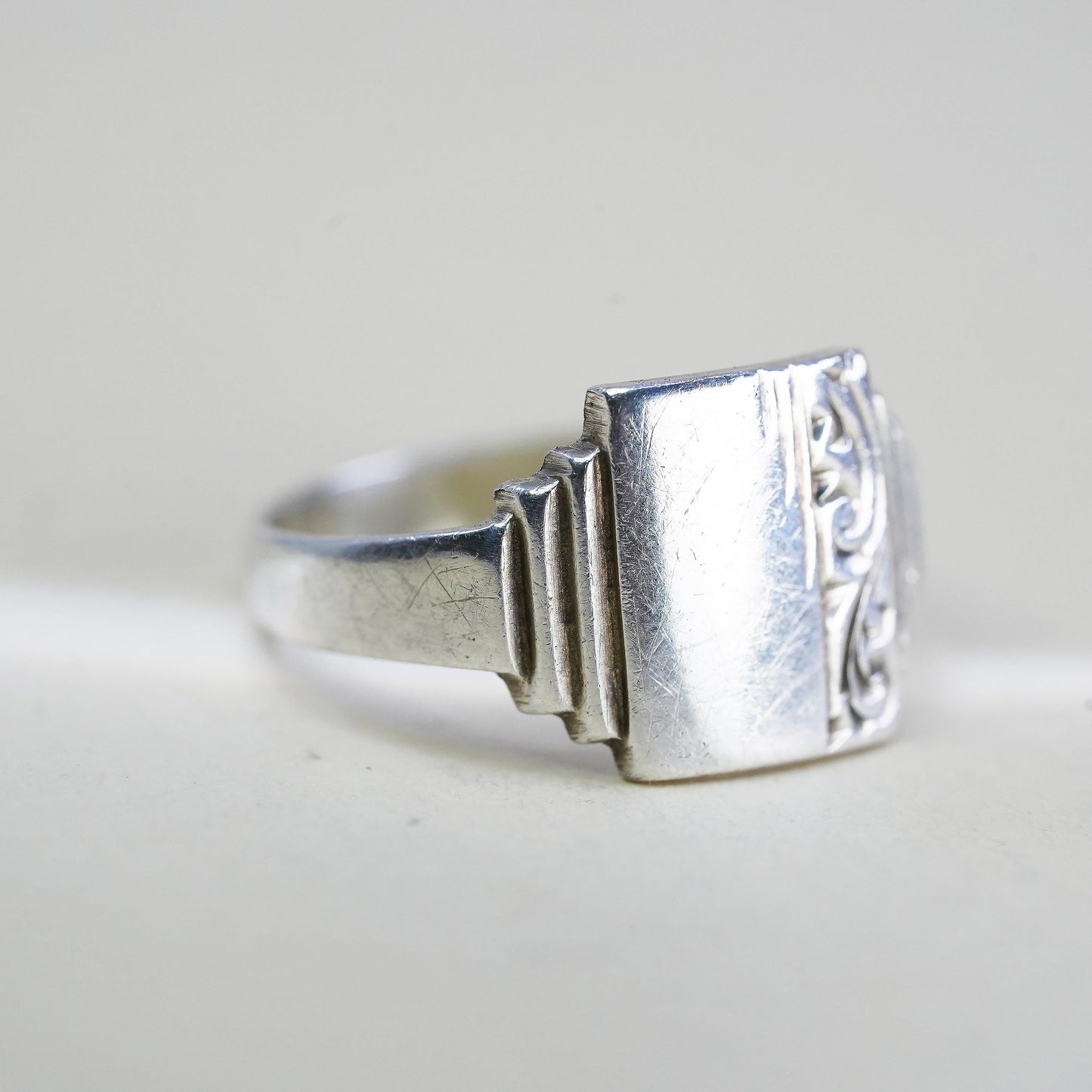 Size 9.5, Vintage Sterling Silver Signet Ring, Art Deco Engraved Ring, Unisex