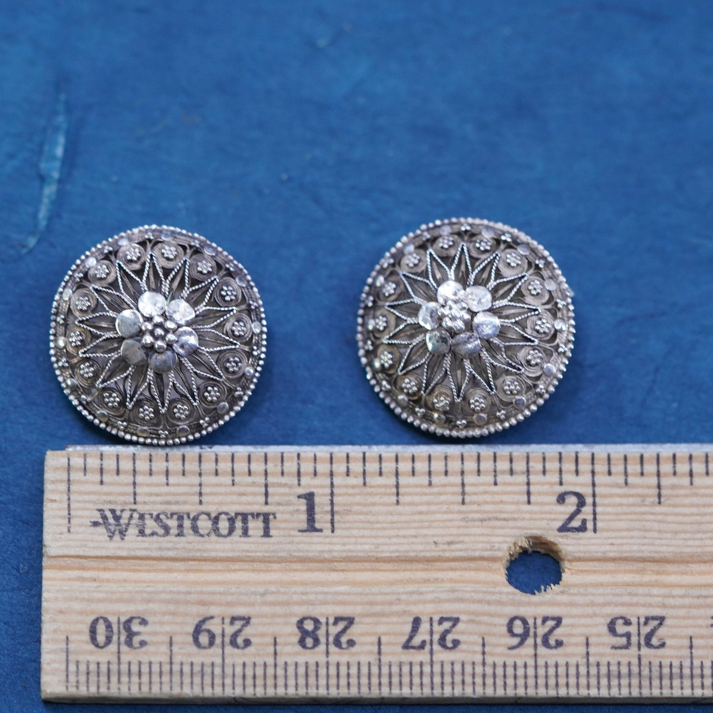 HSN Germany Sterling silver handmade filigree earrings, 925 circle clip on
