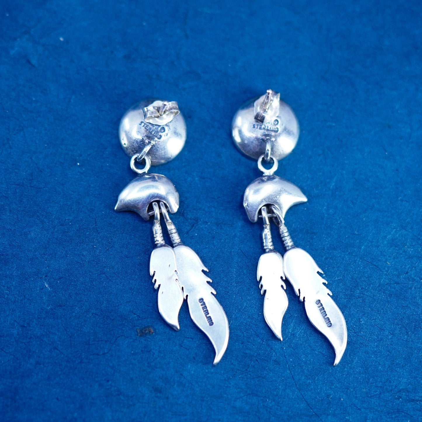 Native American STC sterling 925 silver handmade polar bear w/ feather dangles