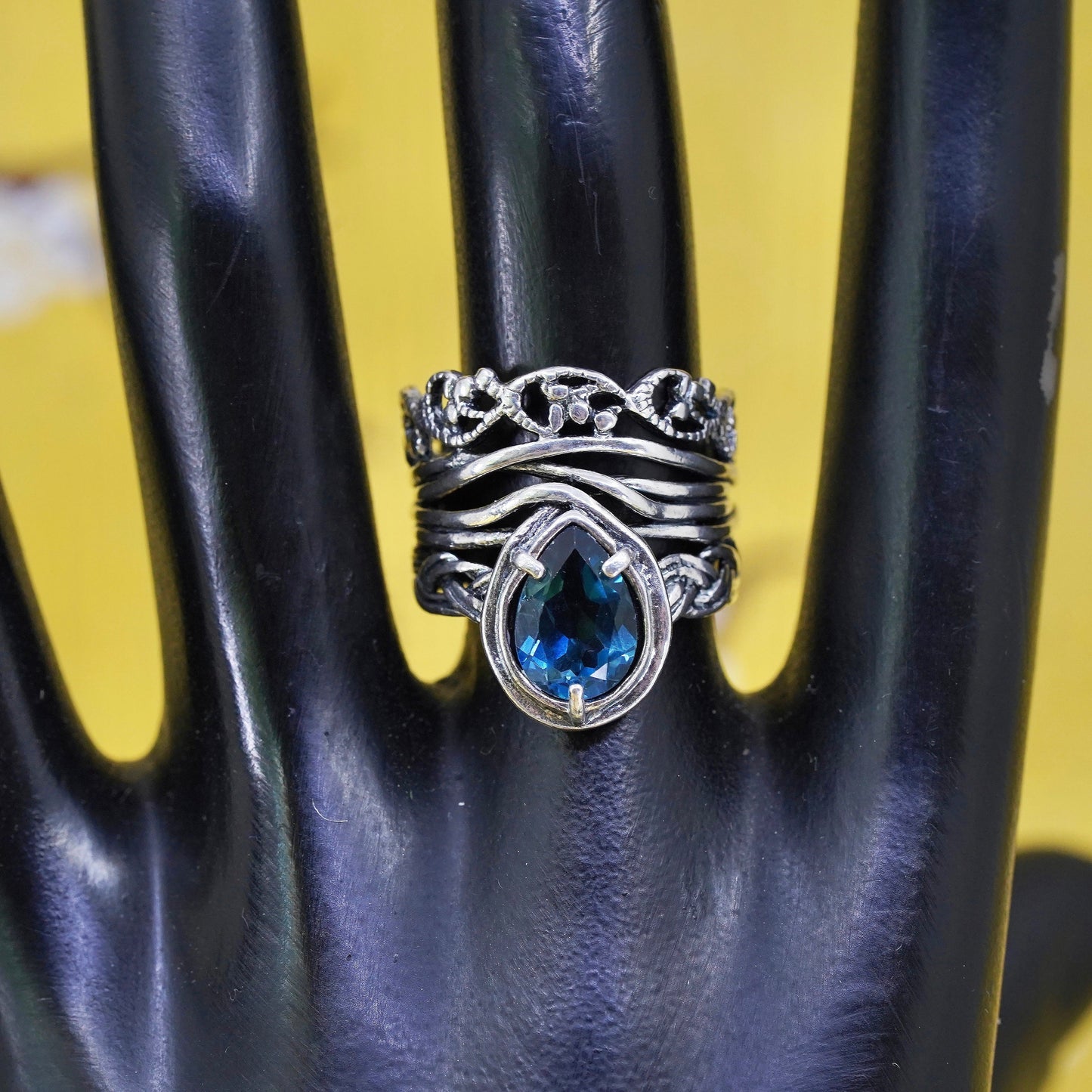 Size 6.75, Israel PAZ PZ Sterling silver ring, 925 band teardrop blue crystal