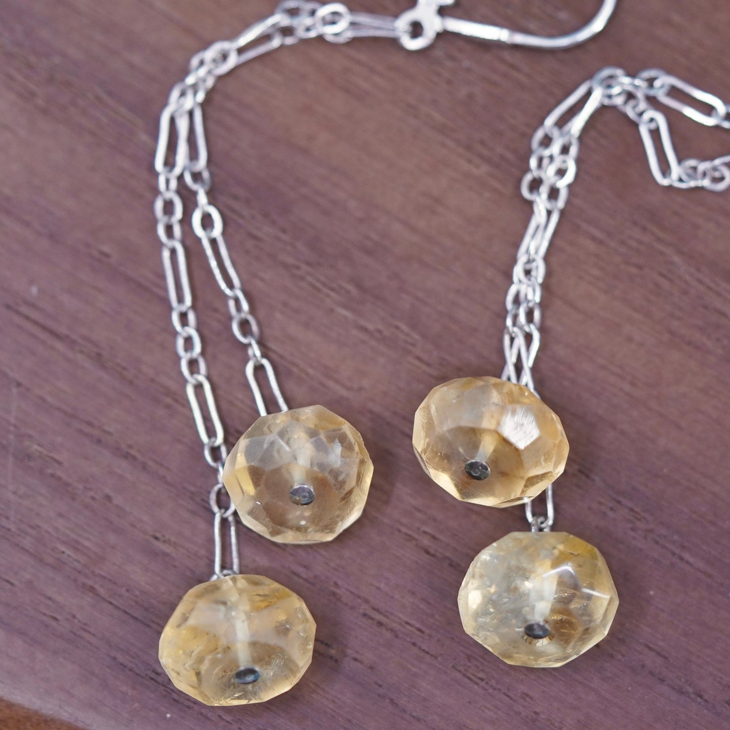 Vintage sterling silver handmade earrings, 925 chain drop with citrine nugget
