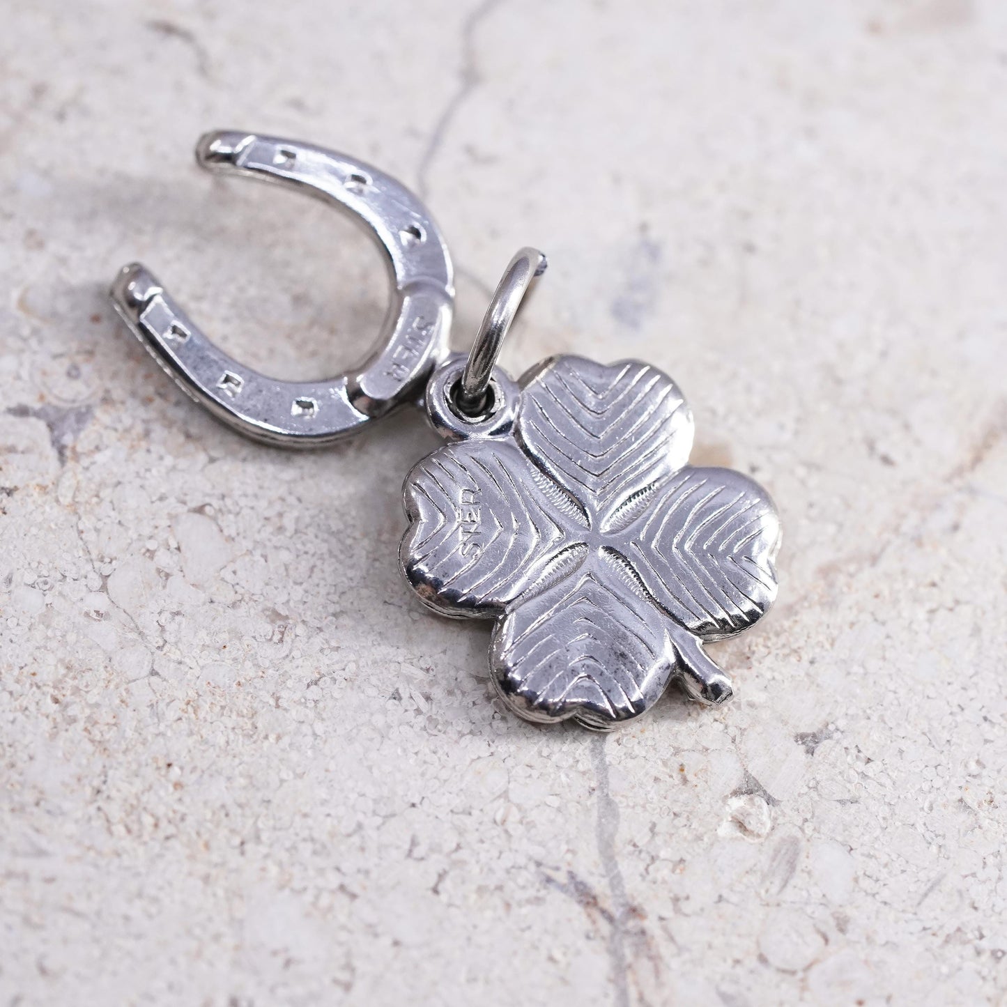 Vintage Sterling silver handmade pendant, 925 horseshoe and clover charm