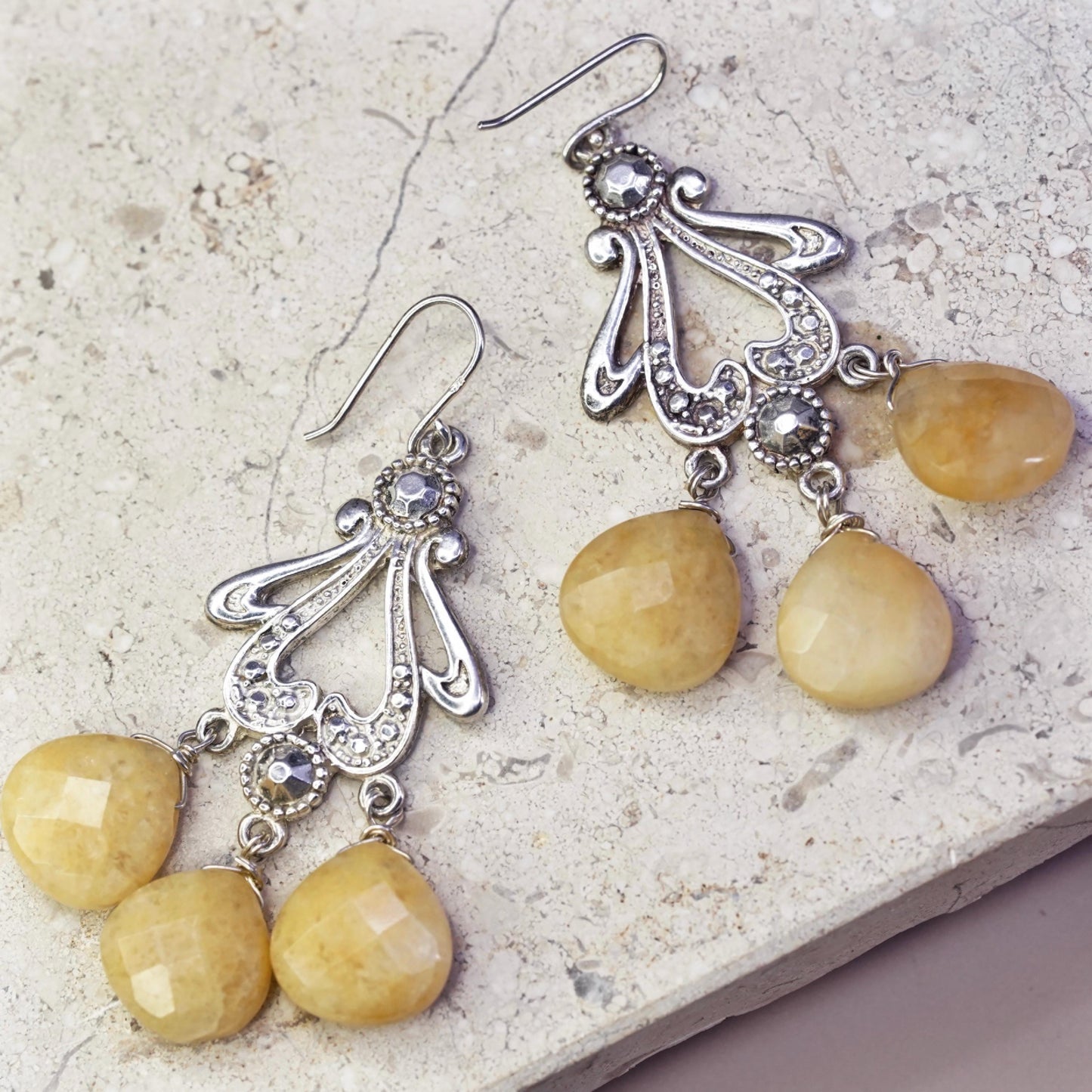 Vintage Sterling 925 silver handmade filigree earrings with teardrop citrine