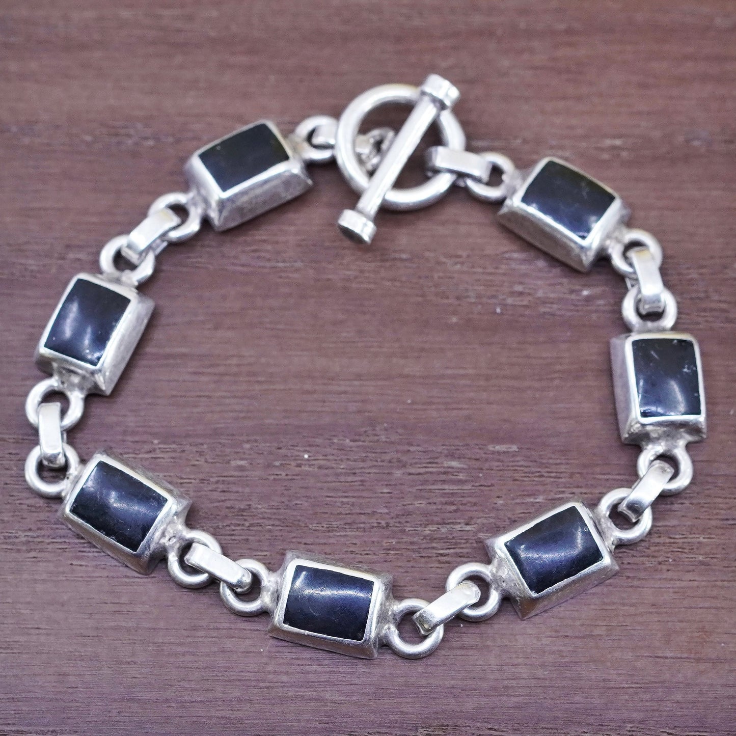 6.5”, vintage Sterling silver handmade bracelet, Mexico 925 chain w/ oval onyx