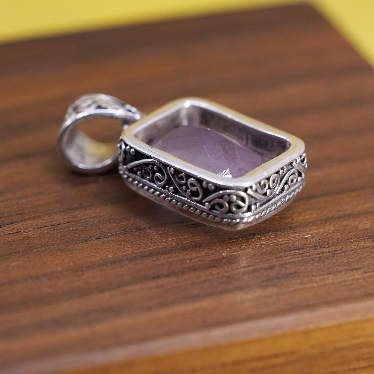 Vintage Sterling silver handmade pendant, textured 925 emerald cut pink quartz