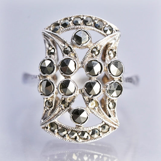 Size 7 Vintage Sterling Silver Ring, 925 Silver filigree Band cluster marcasite