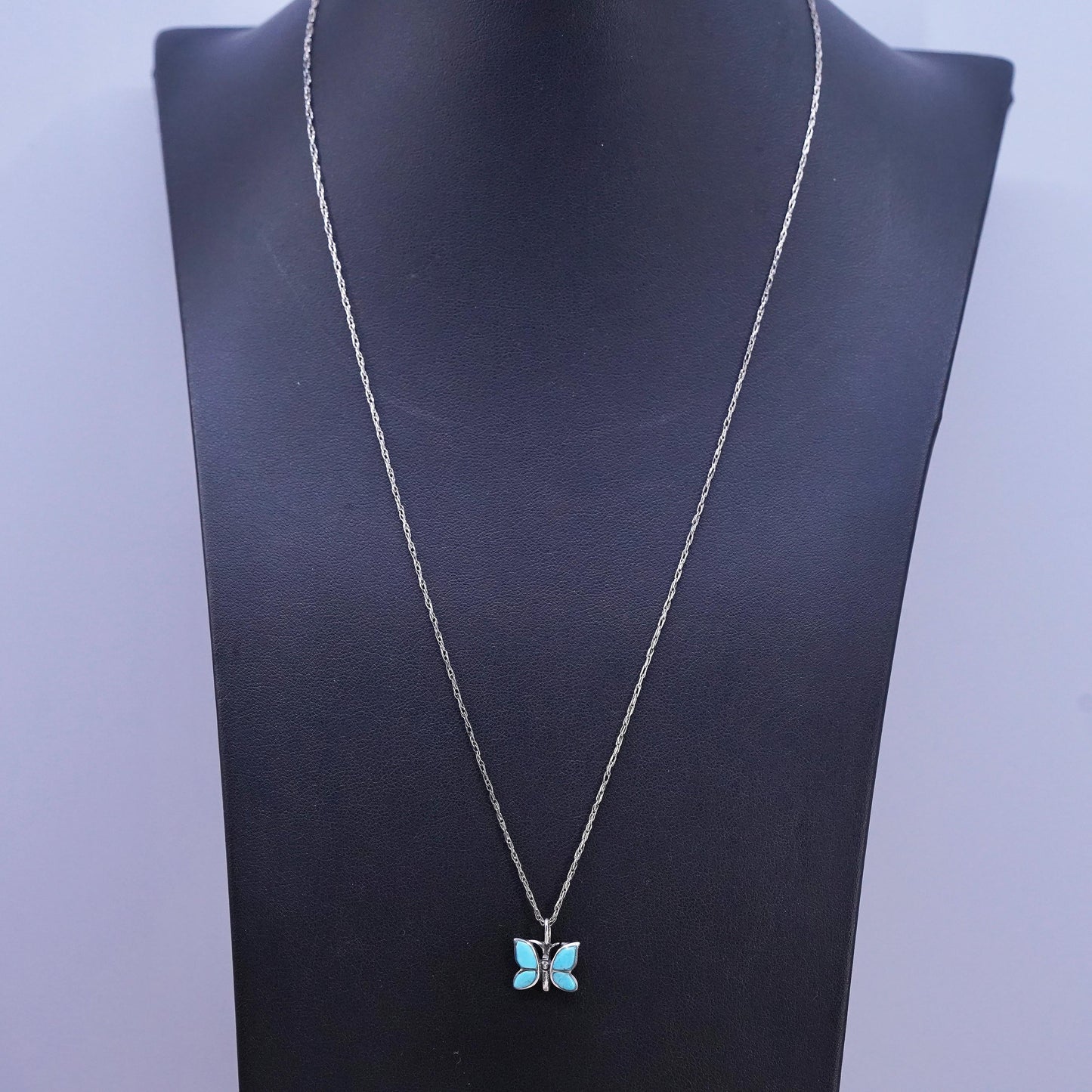 21" USA Sterling silver necklace, 925 rope chain turquoise butterfly pendant