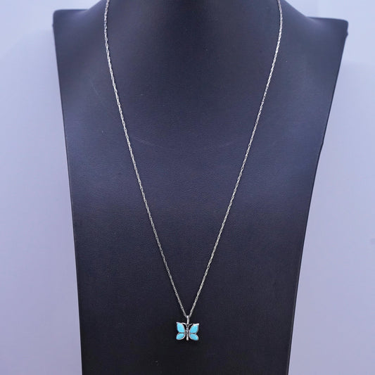 21" USA Sterling silver necklace, 925 rope chain turquoise butterfly pendant