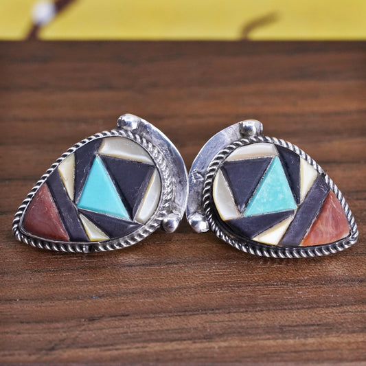 Native American Sterling 925 silver teardrop studs earrings turquoise coral