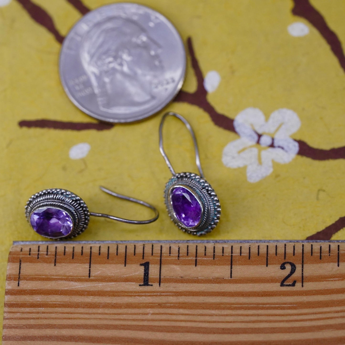 Vintage Sterling 925 silver handmade earrings with oval amethyst and cable