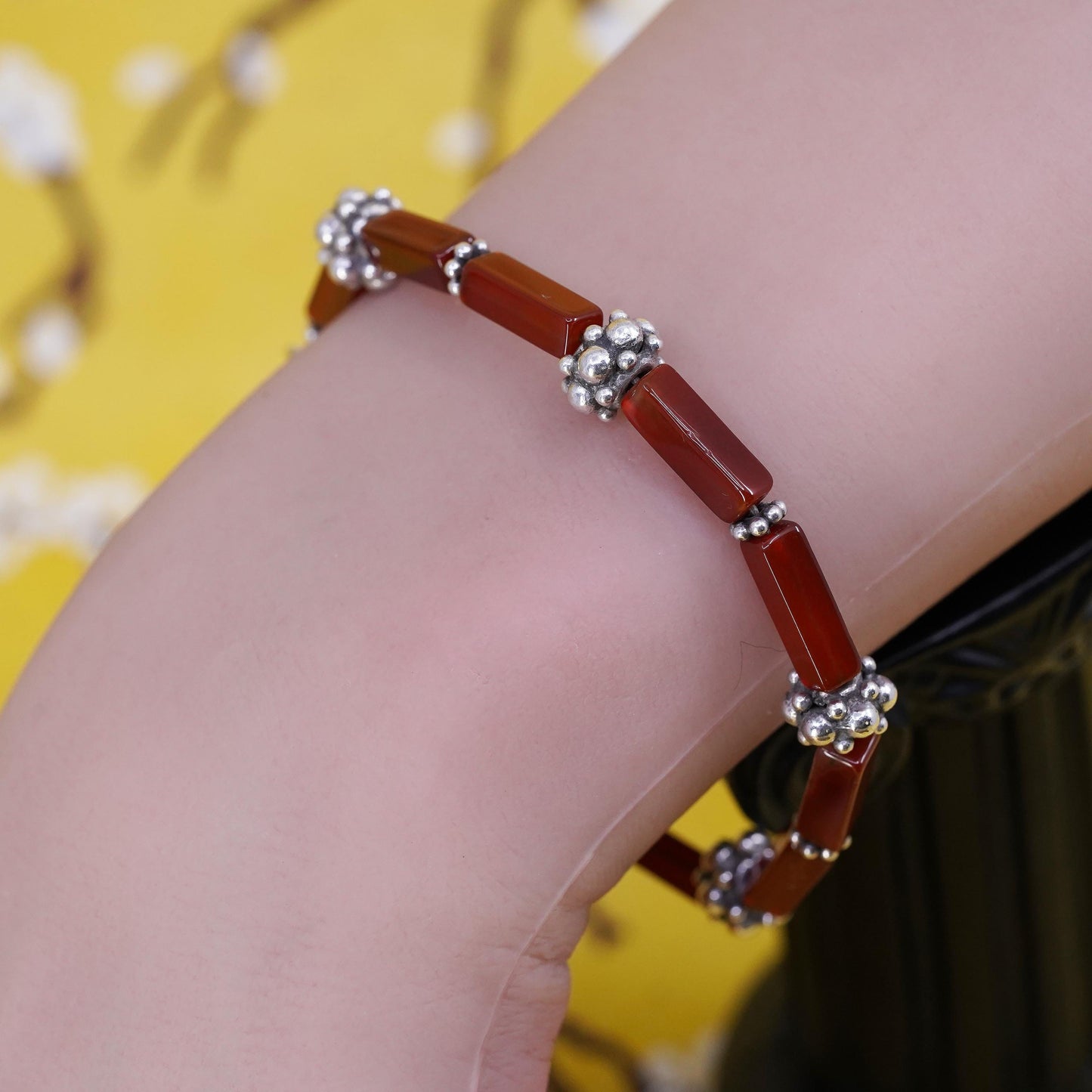 6.75”, Vintage sterling 925 silver handmade bracelet with carnelian tube beads