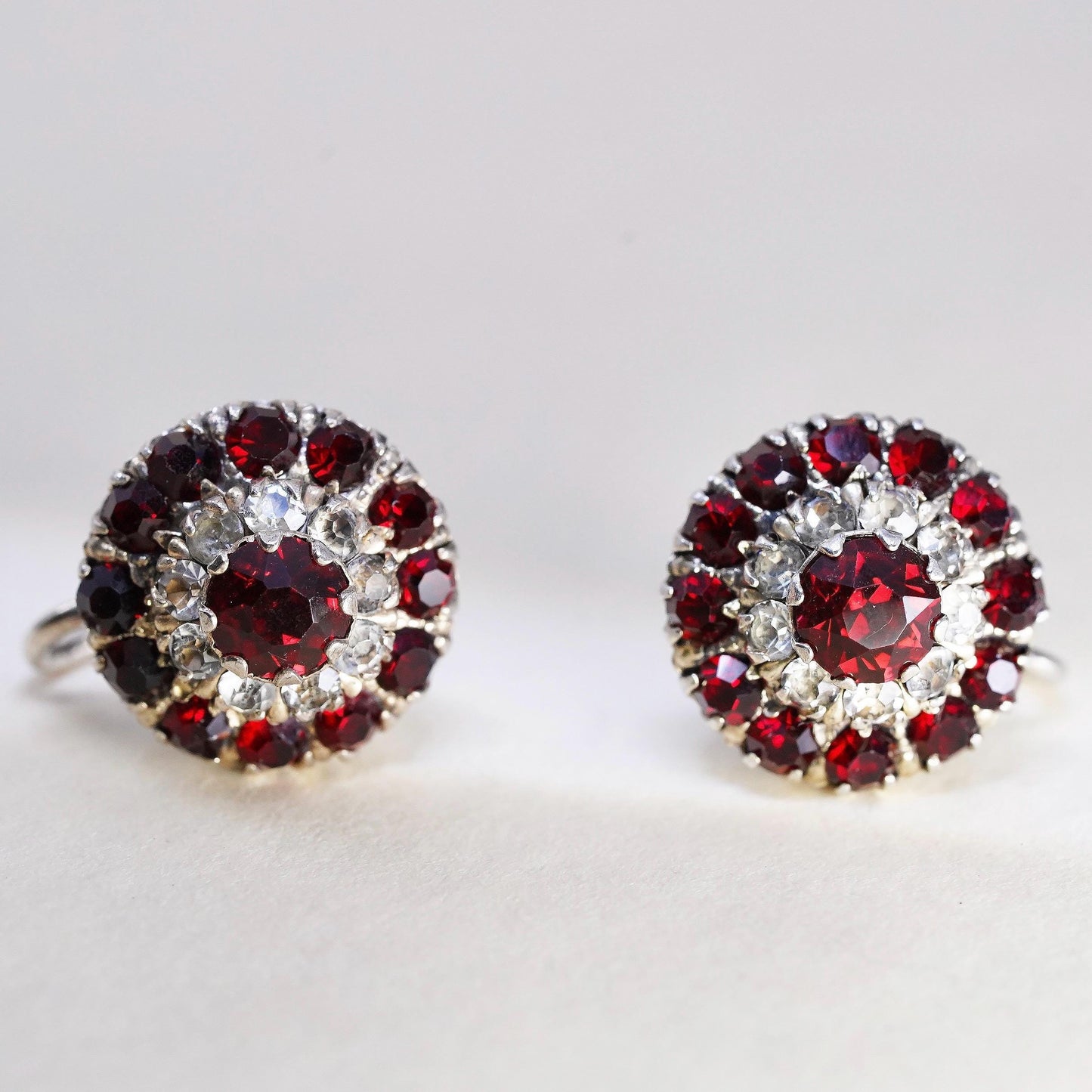 1950s VTG 925 Sterling Silver Garnet Red Rhinestone Screw Back Earrings, Retro