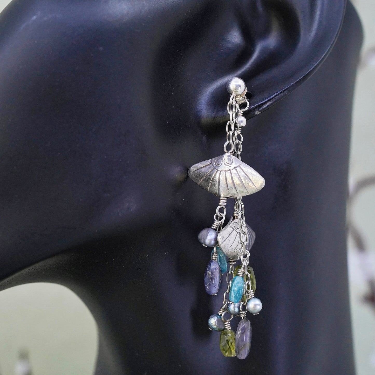Sterling 925 silver handmade fish earrings with cluster pearl amethyst peridot