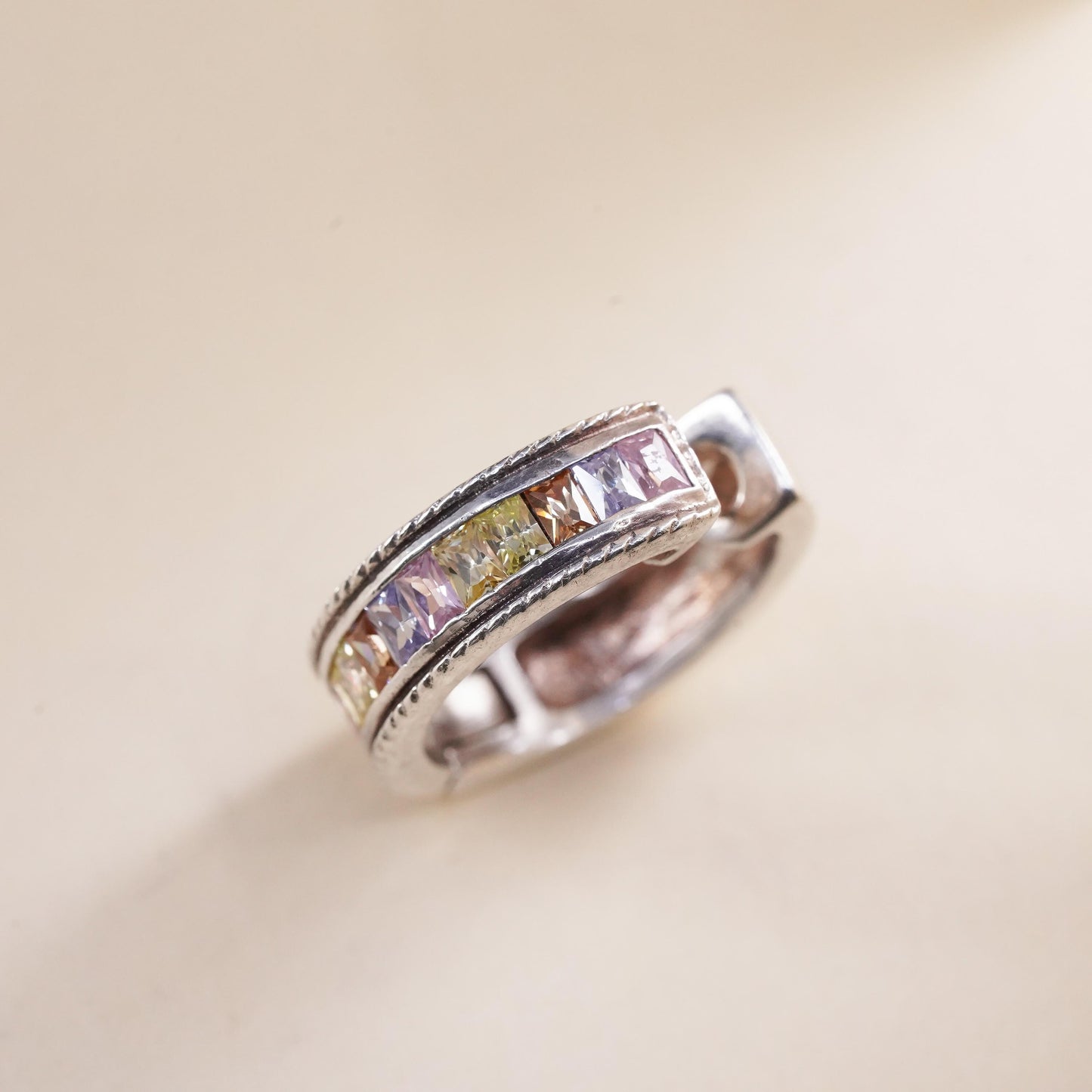 0.75”, Vintage sterling silver single earring, 925 huggie hoop with pinkish Cz