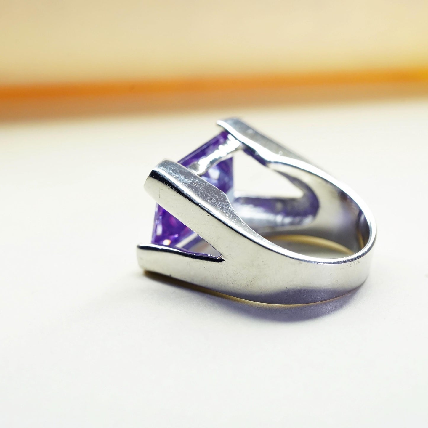 Size 6, vintage Sterling silver cocktail ring, 925 with amethyst and Cz details