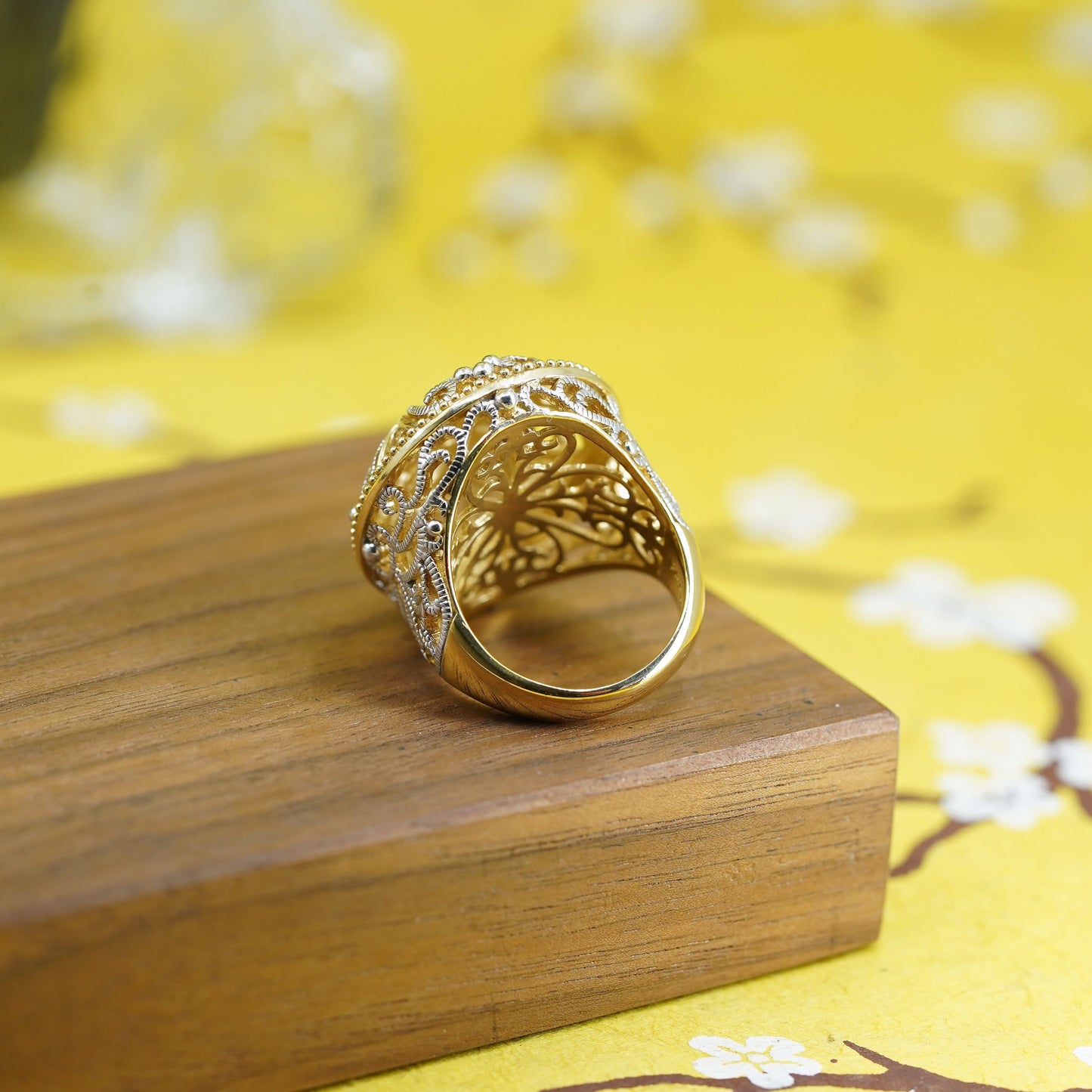 Size 7.75, two tone Sterling silver 925 cocktail filigree crown ring diamond