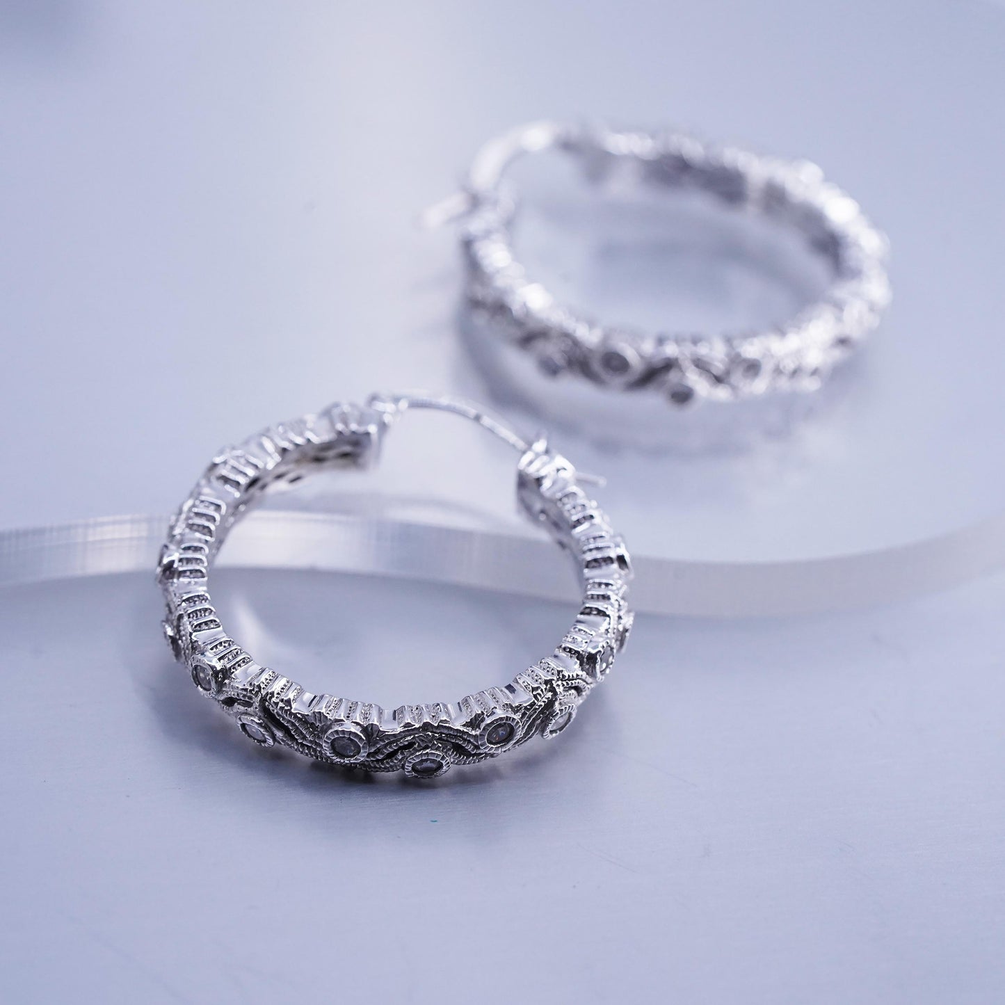 1.25”, vintage Sterling silver handmade earrings, 925 huggie hoops cluster Cz
