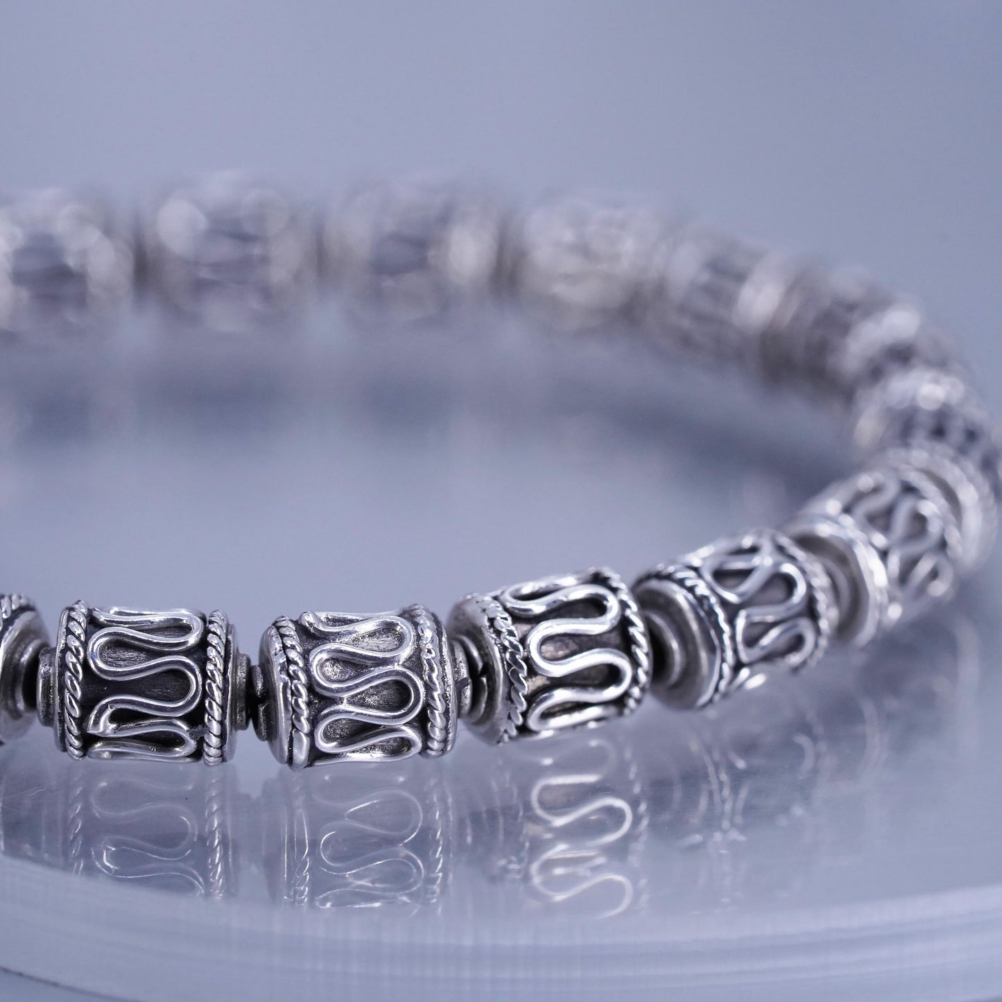 7”, Mexican Sterling 925 silver bracelet, filigree beads chain toggle closure