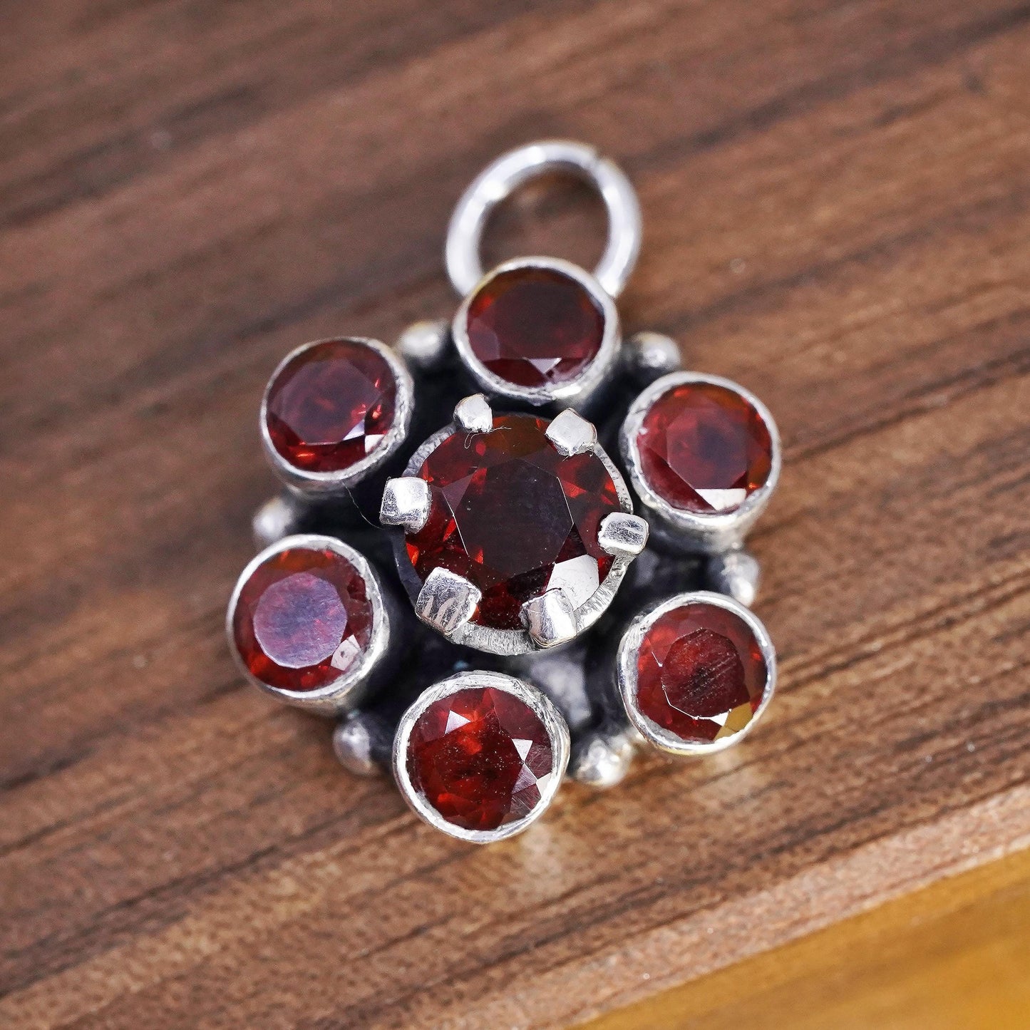 Vintage Sterling silver handmade pendant, 925 silver flower charm with garnet