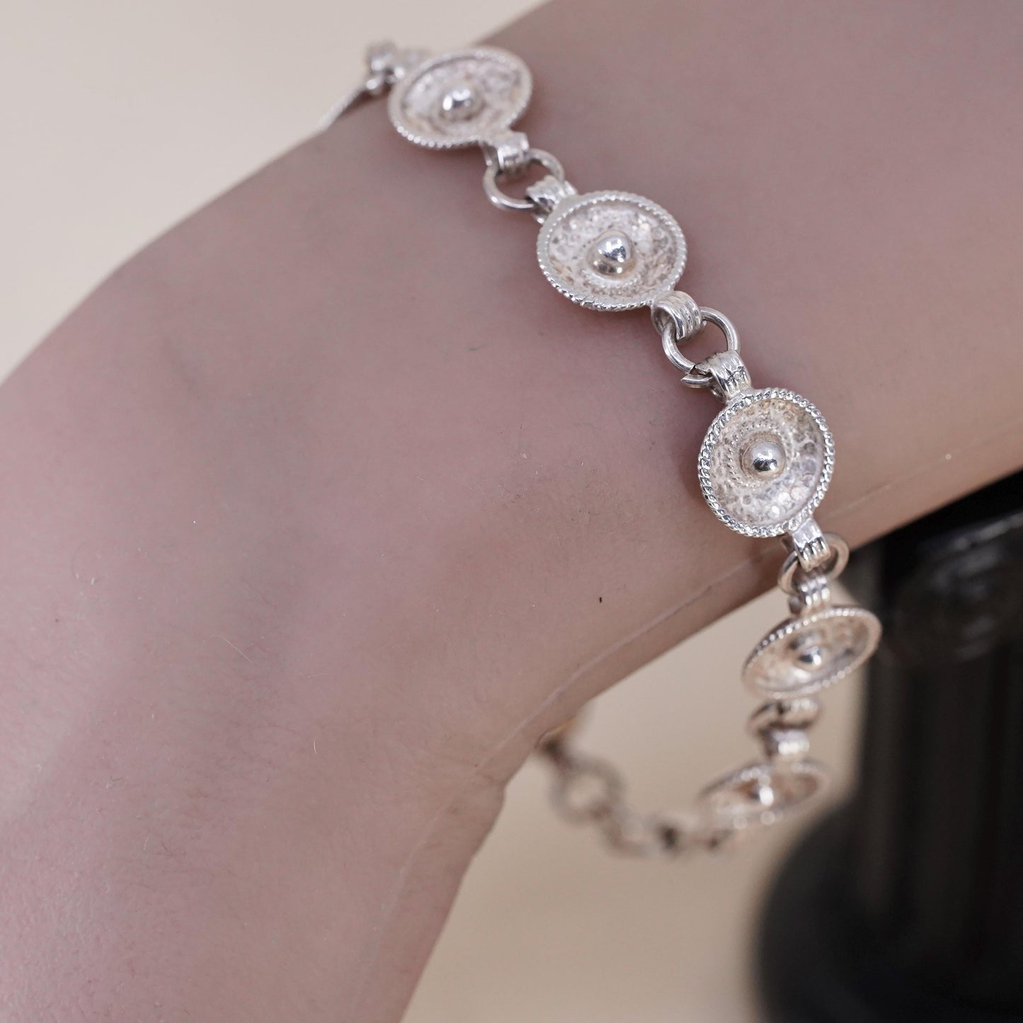 8”, Vintage sterling 925 silver Handmade sombrero hat link chain bracelet
