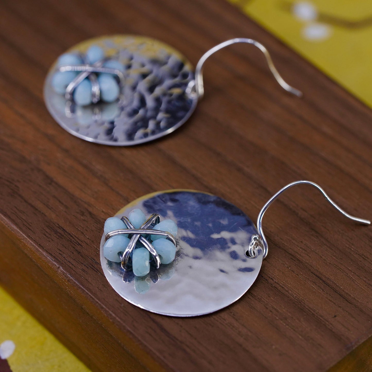 Vintage southwestern Sterling 925 silver hammered disc earrings larimar flower