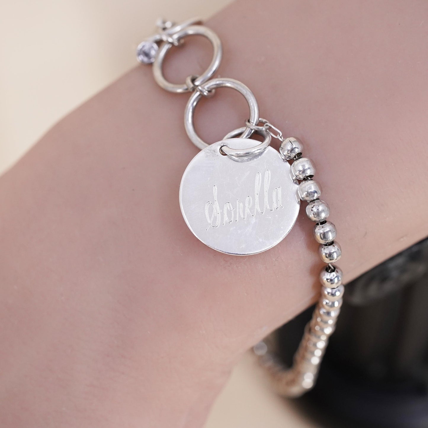 7.25+1”, Vintage Sterling silver bracelet, 925 bead chain name tag “Dovella”