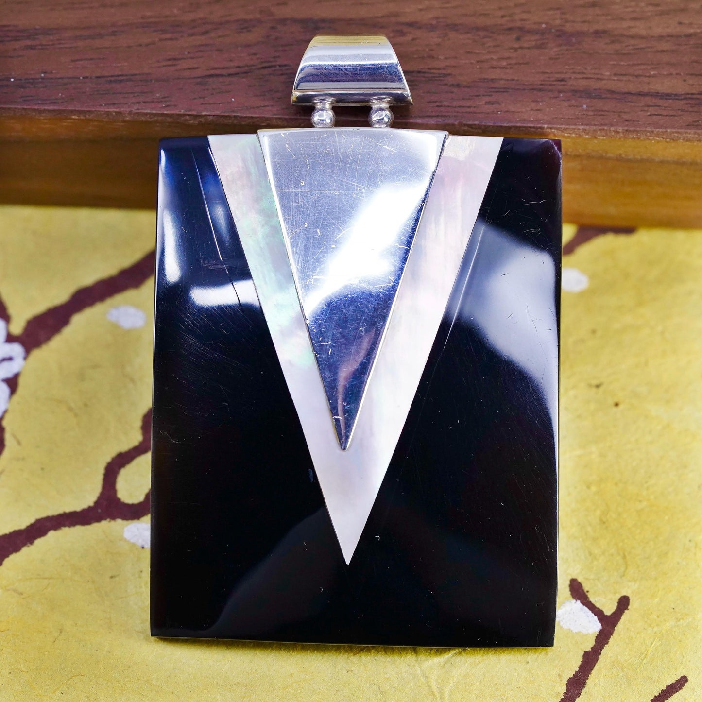 Mexican huge Sterling 925 silver rectangular pendant with onyx mother of pearl