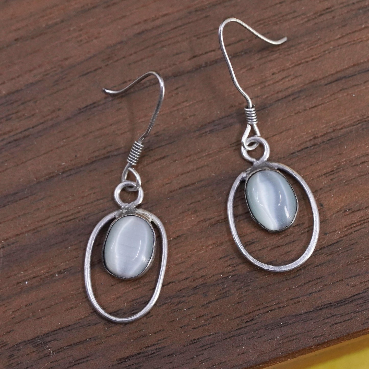Vintage Sterling 925 silver handmade earrings with white cat's eye drops