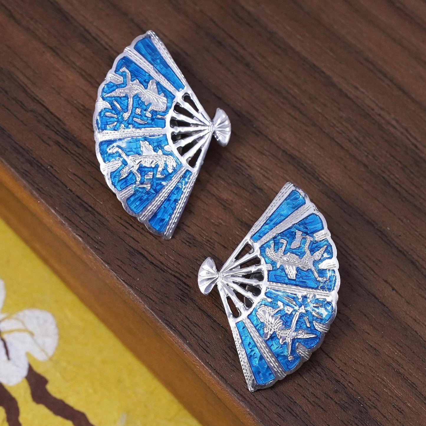 Siam sterling silver clip on, 925 India blue enamel fan earrings, niello silver