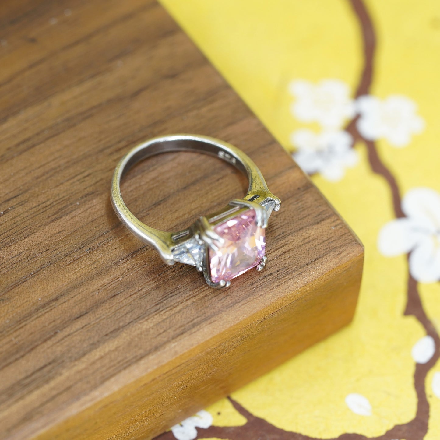 Size 8.25, vintage Sterling 925 silver ring with pink and clear cz