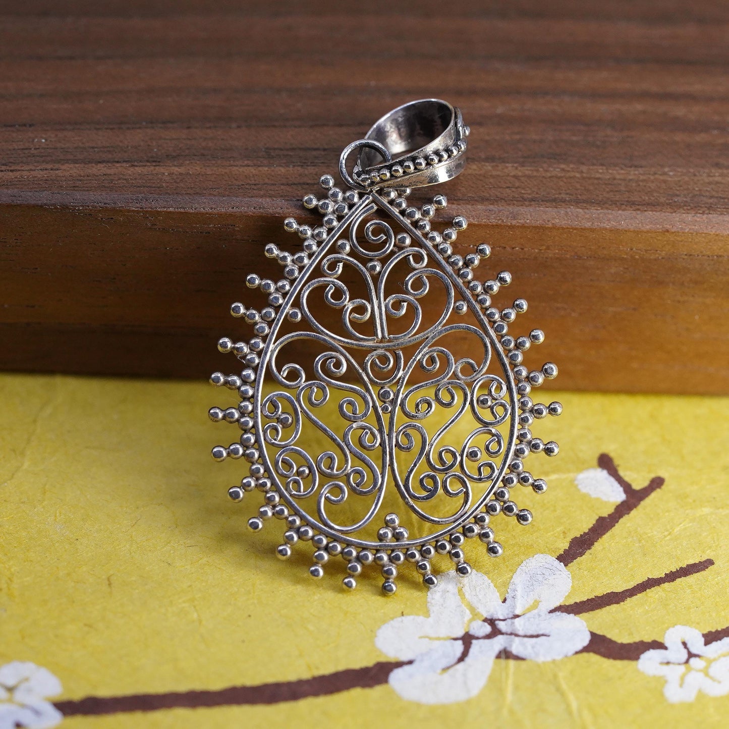 Vintage Sterling 925 silver handmade pendant, filigree teardrop pendant