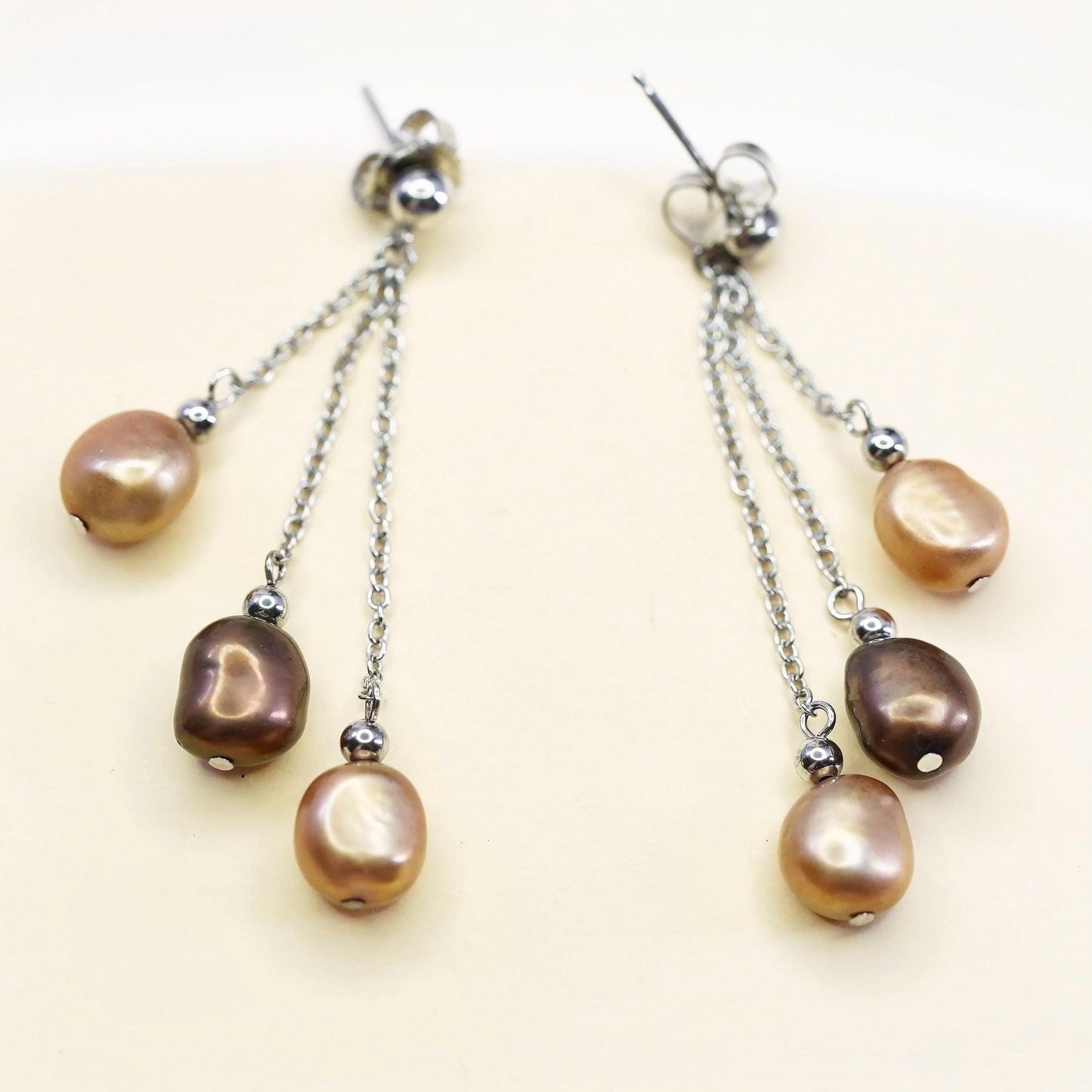 Vintage Sterling 925 silver fringe earrings with oval dyed freshwater pearl