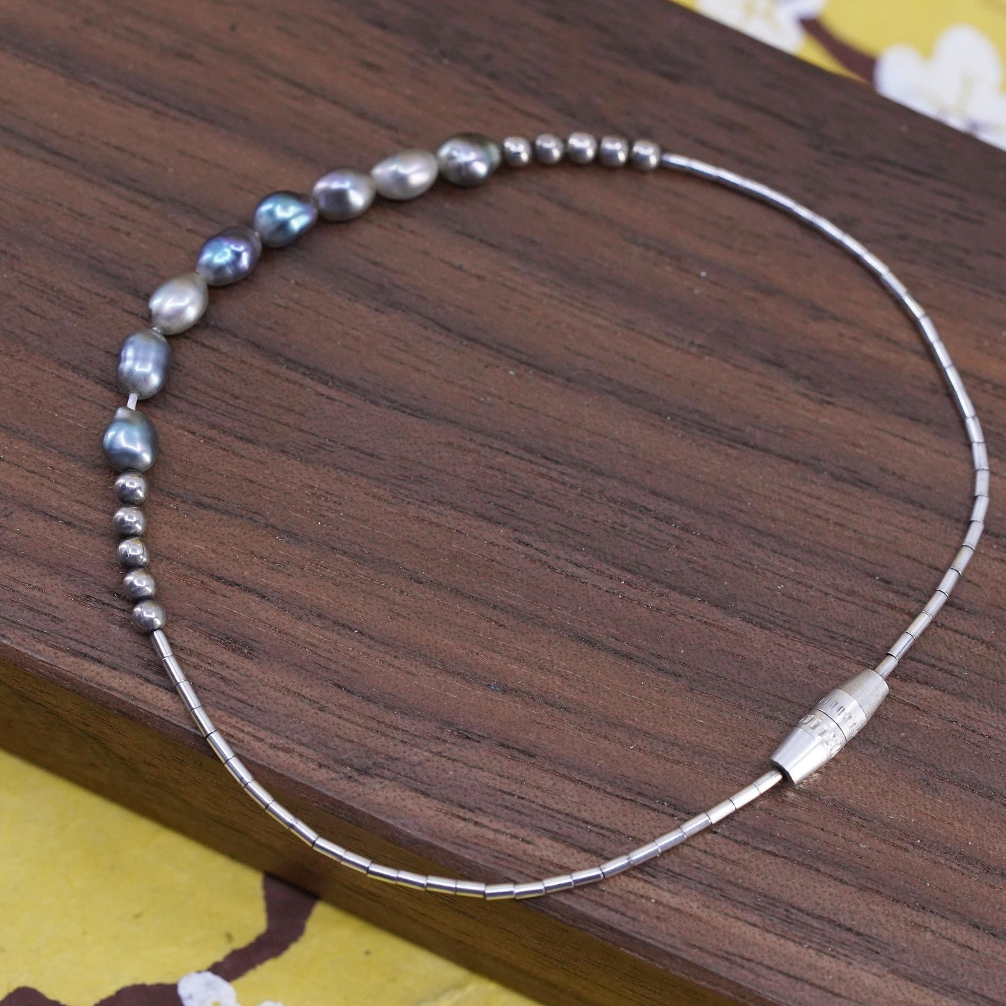 7.25", vintage sterling silver bracelet, liquid 925 Silver with pearl beads