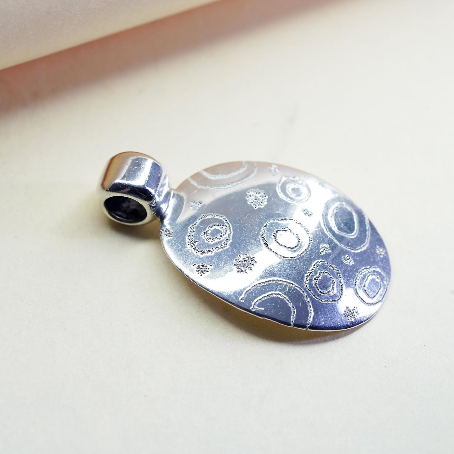 Vintage Sterling silver handmade pendant, Mexican spiral textured 925 oval tag