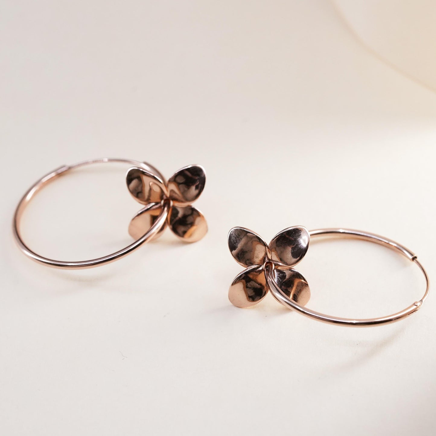 1.25", vermeil rose gold over sterling 925 silver loop earrings, hoops flower
