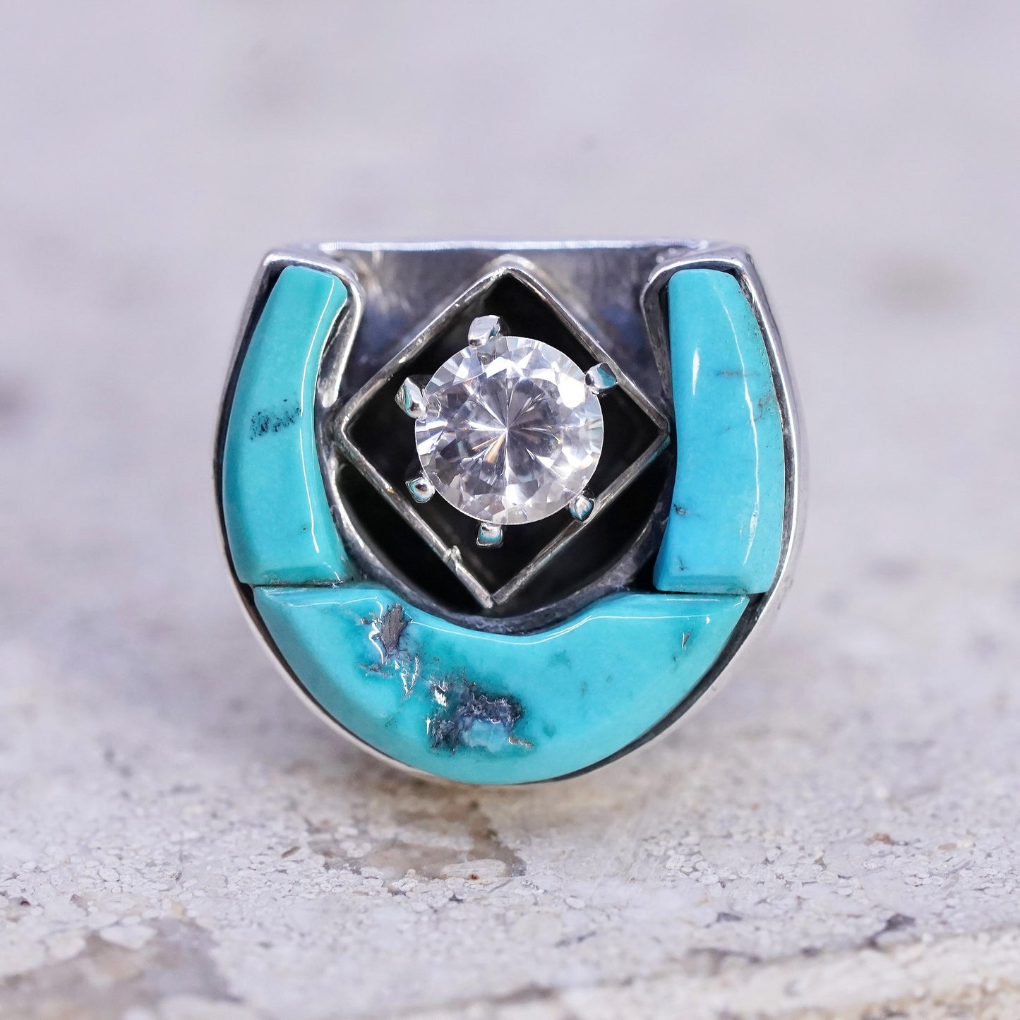 Native American Sterling silver brooch, 925 turquoise cz horseshoe pin