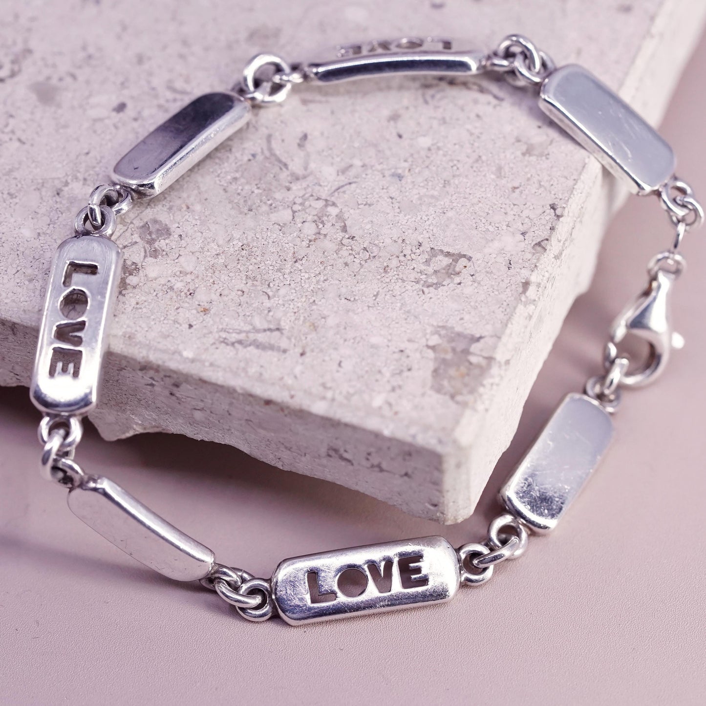 7.5", vintage Sterling silver handmade bracelet, 925 bar with love cutout