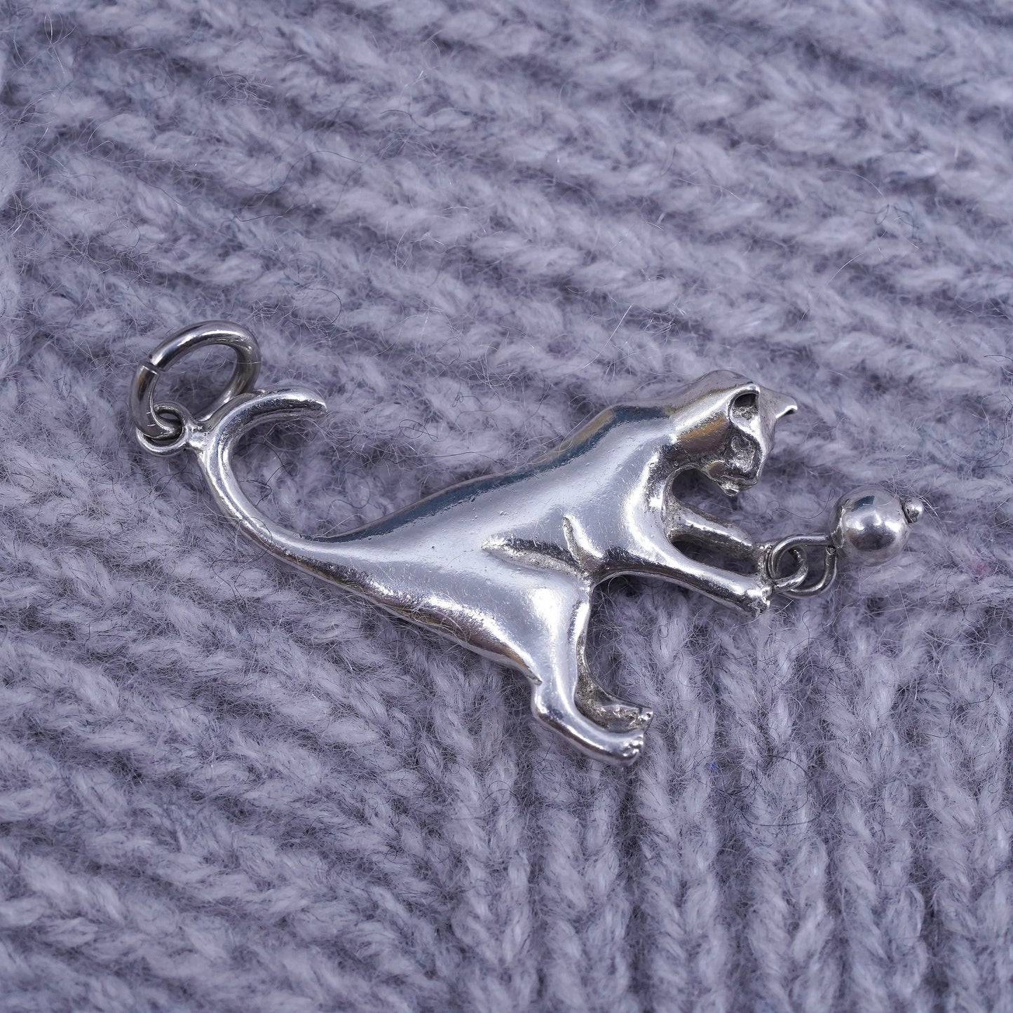 Vintage 925 Sterling Silver handmade kitty cat pendant with ball charm
