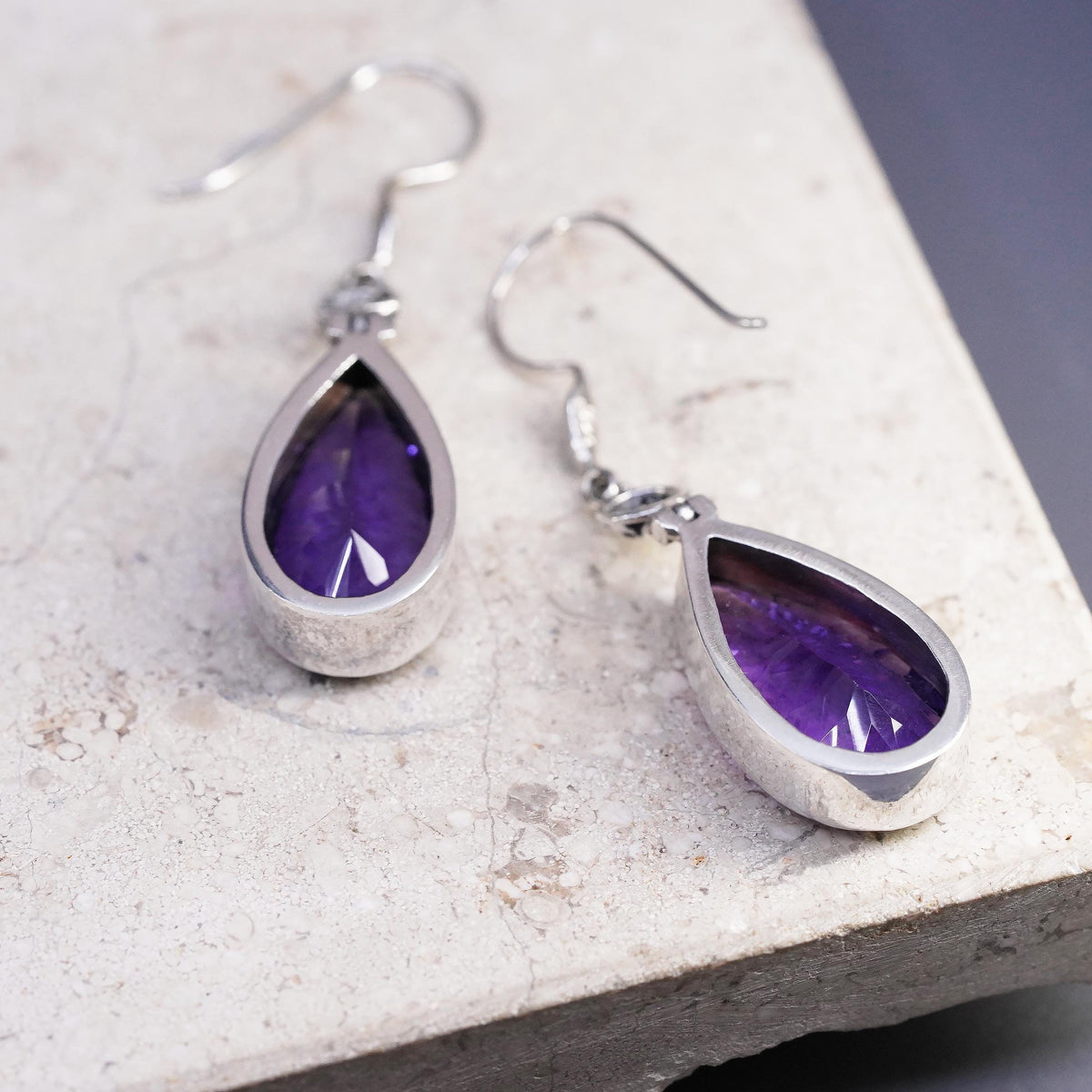 Vintage sterling 925 silver handmade teardrop earrings with amethyst