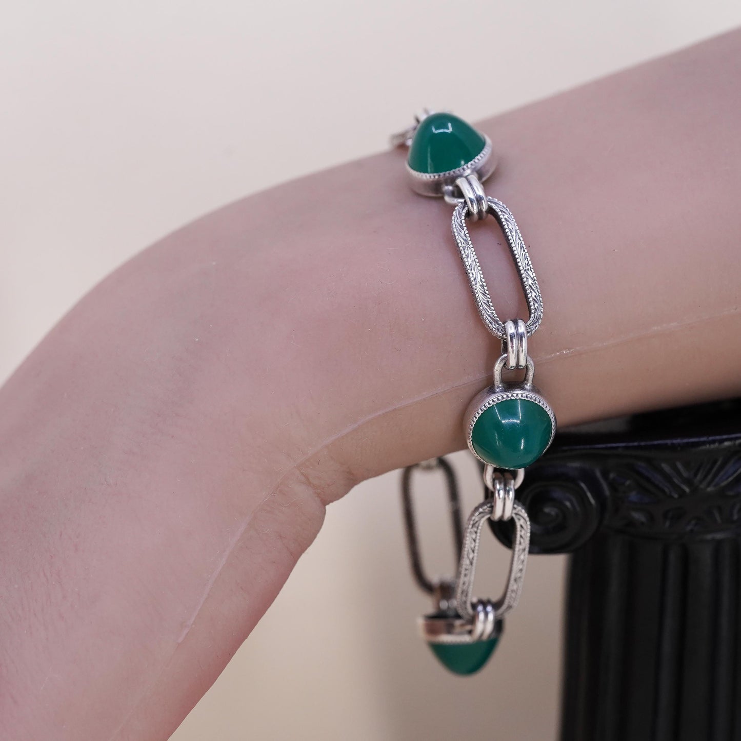 7.5”, vintage sterling 925 silver handmade textured long oval bracelet jade