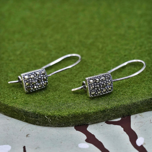 Vintage sterling 925 silver handmade earrings rectangular drops with marcasite