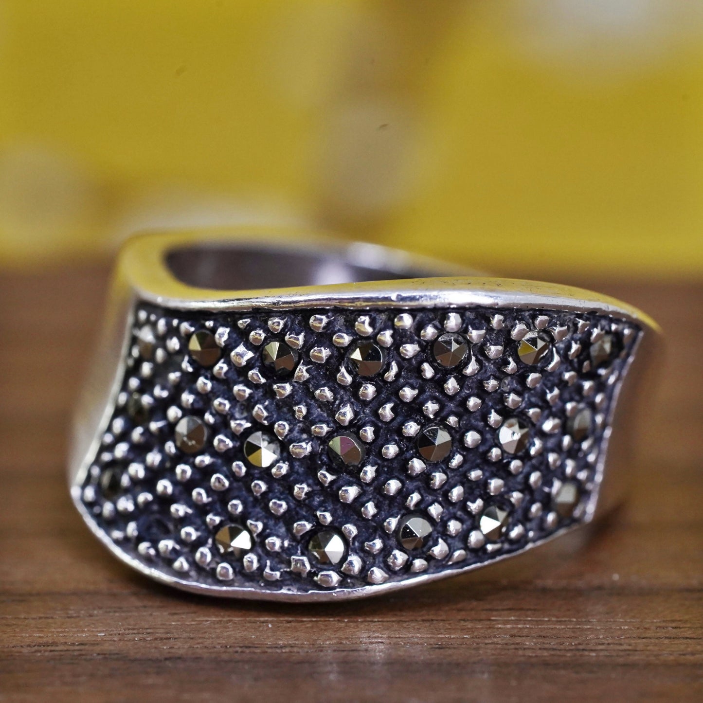 Size 8, Sterling silver handmade ring, southwestern, 925 wavy band marcasite