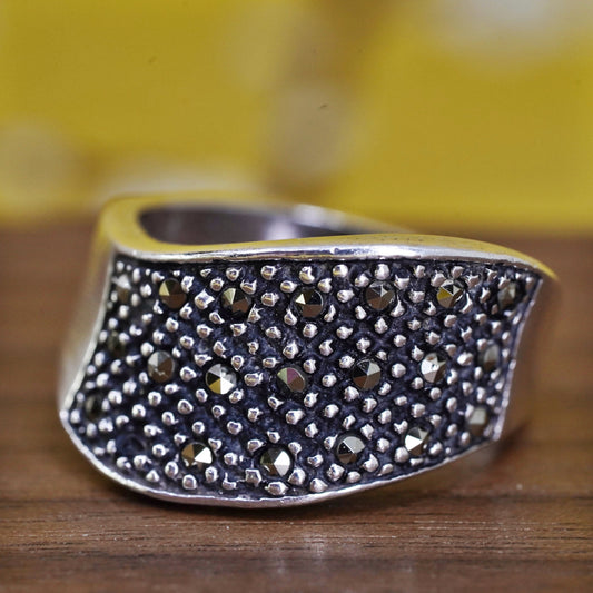 Size 8, Sterling silver handmade ring, southwestern, 925 wavy band marcasite