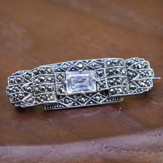 Vintage handmade sterling silver brooch, 925 pin with cz and marcasite, antique