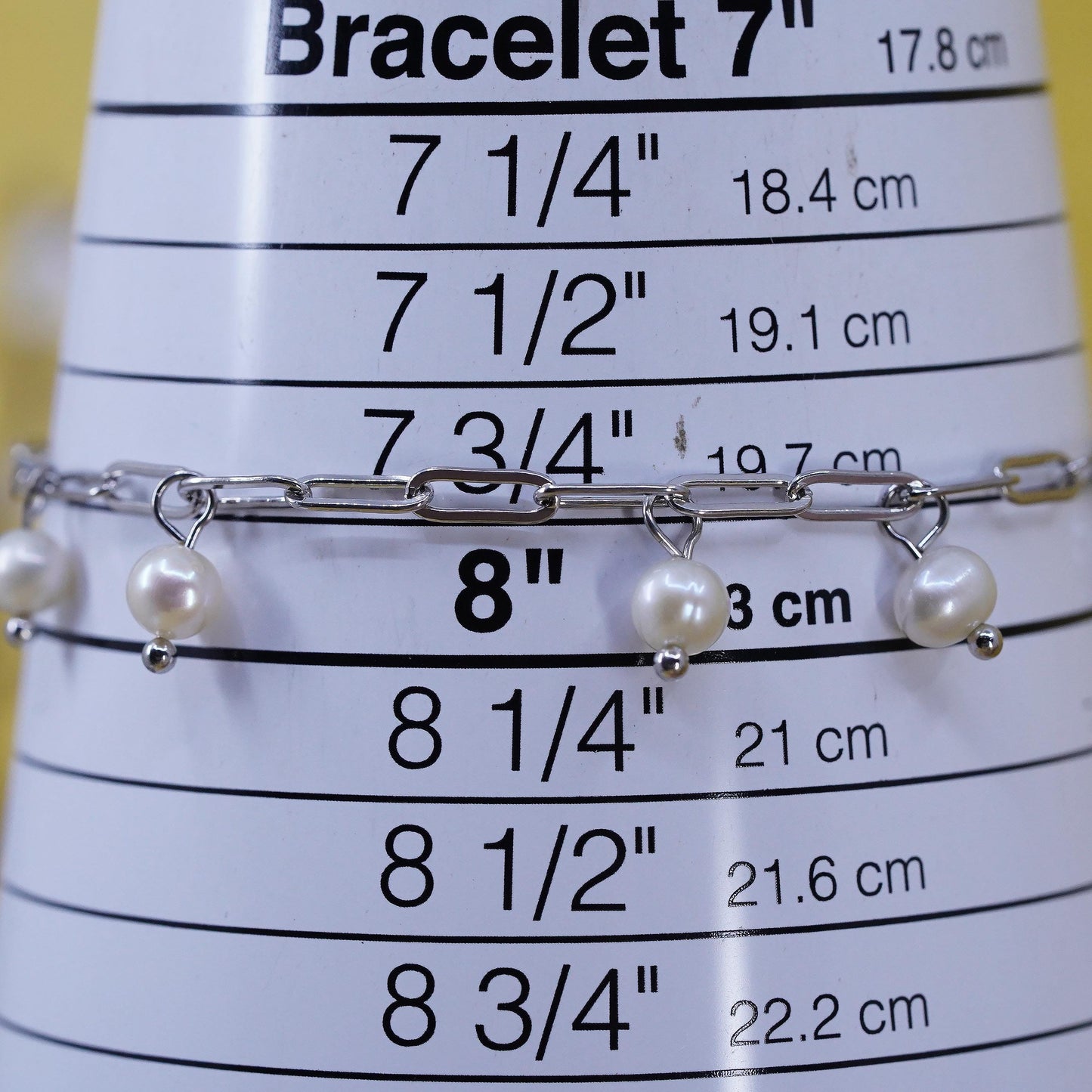8” Sterling 925 silver elongated chain bracelet with freshwater pearl charms