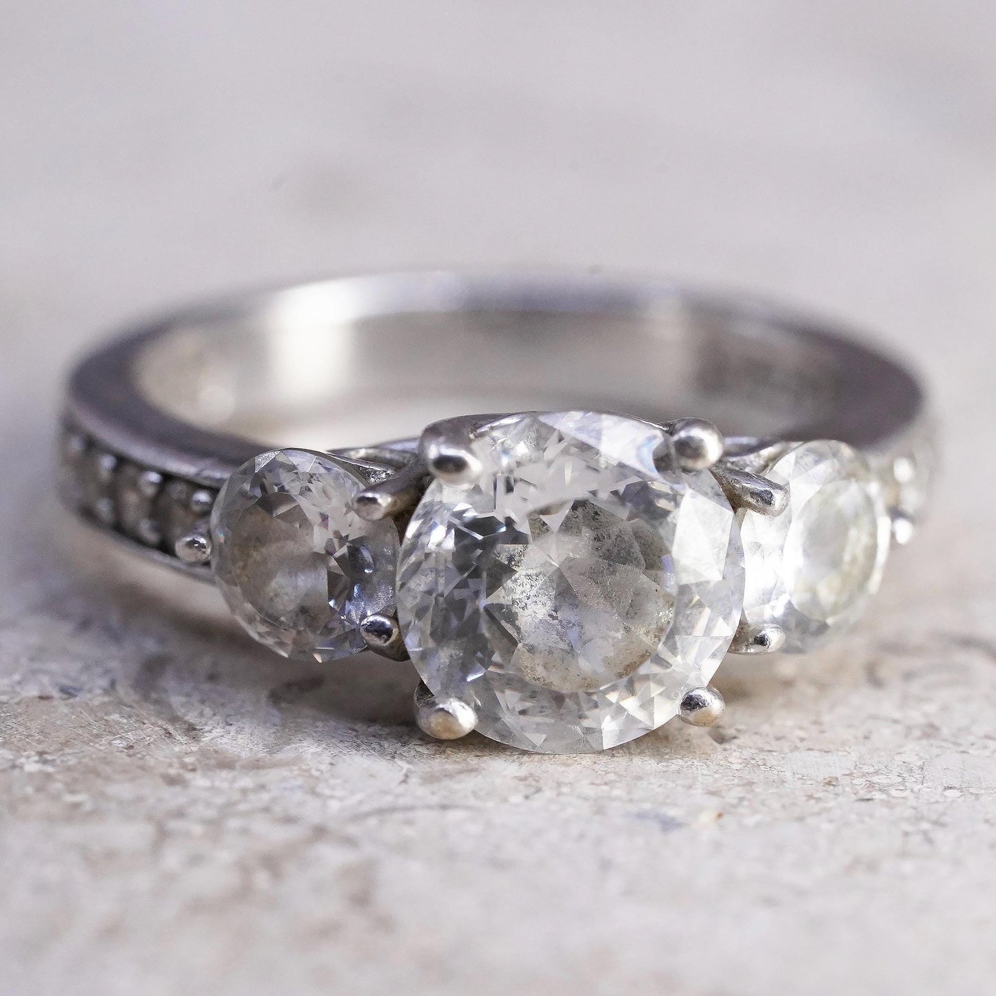 Size 6, vintage Sterling 925 silver engagement ring with cluster Cz around