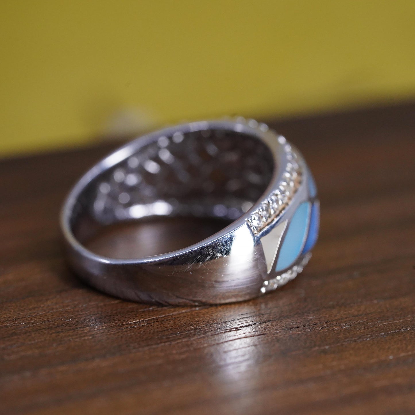 Size 7, vintage Sterling silver ring, 925 dome band mother of pearl inlay cz