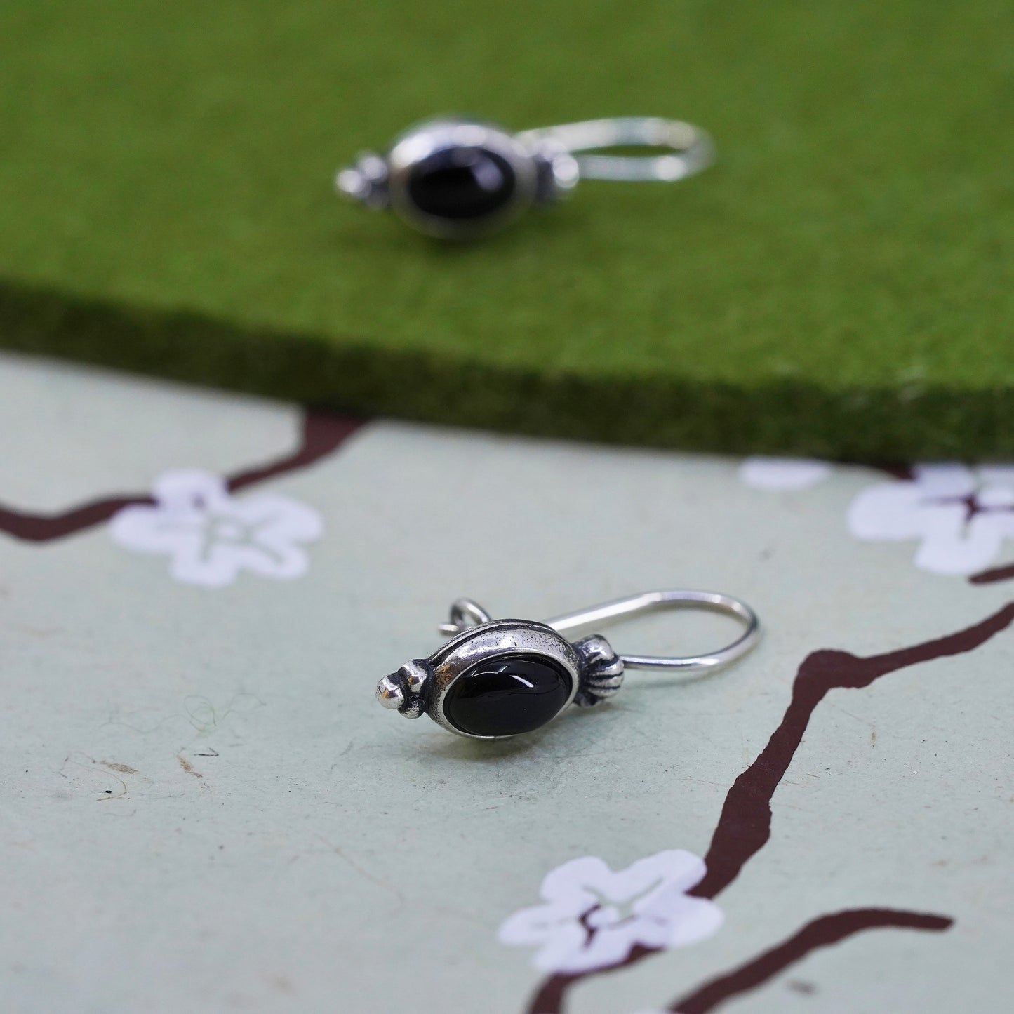 Vintage sterling 925 silver handmade earrings with oval onyx
