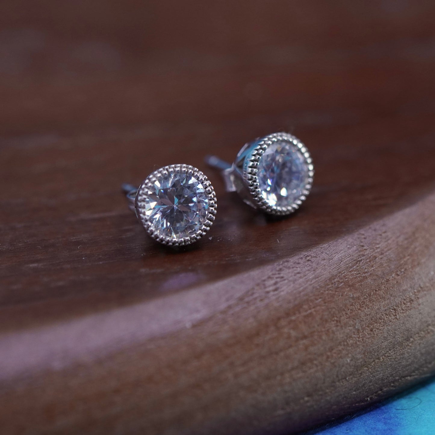 vintage Sterling silver clear round crystal studs, cz earrings