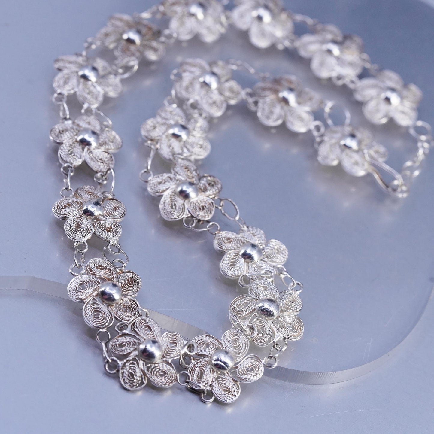 16", Vintage Sterling 925 Silver handmade Necklace Filigree Floral link chain